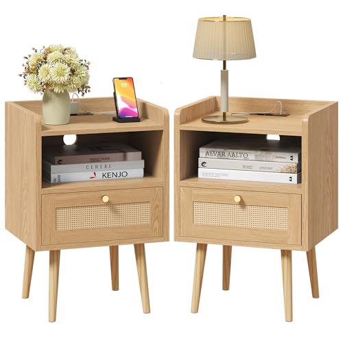 Night stand Set of 2, Bedside Tables with Charging Station, Ratta...