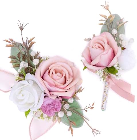 Fnize Pink Corsage and Boutonniere Set for Bride Groom Bridesmaid...