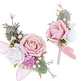 Fnize Pink Corsage and Boutonniere Set for Bride Groom Bridesmaids Groomsmen Wedding Homecoming Flowers Prom Suit Accessories, Rose Boutonniere and Wrist Corsage Flower