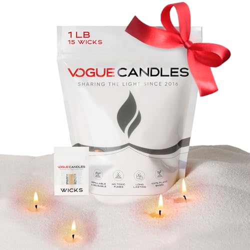 Vogue Candles 1LB Candle Sand with 15 Wicks | Plant-Based Refillable Wax Granules for DIY Candle Making | Clean Burning, Unscented, Smoke-Free, Vegan Candle Refill Kit- White