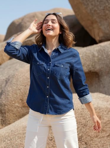 Image of Blue Denim Shirt for Women and Girls Regular Fit LoSF Sleeve Collared Neck Button Down Stylish Casual Wear Ladies Shirt 29