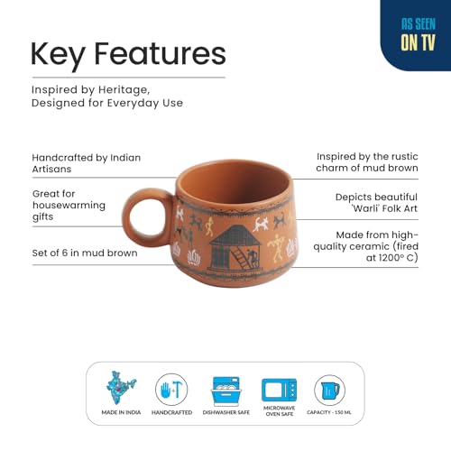 Image of ExclusiveLane 'Warli Village Tales' Ceramic Tea Cups Set of 6 for Tea Cups Ceramic (150 ml, Microwave Safe, Dishwasher Safe)| Coffee Cup Set Ceramic Cups Set of 6 Tea Cup Ceramic Drinkware