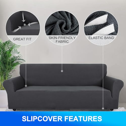 CYCMACO High Stretch Sofa Überzug 2 Sitzer, Sofabezug rutschfest, Couch Bezug Elastischer, Jacquard Sofahusse Mit Armlehnen, Universal Sofa Covers, Couchüberzug Waschbare, Dunkelgrau