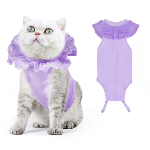 VavoPaw Tuta per Recupero Gatti Femmine, Tuta da Recupero Professionale per Gatto in Cotone Traspirante, Vestiti per Gatto Antileccamento per Recupero di Ferite o Malattie della Pelle, M, Viola