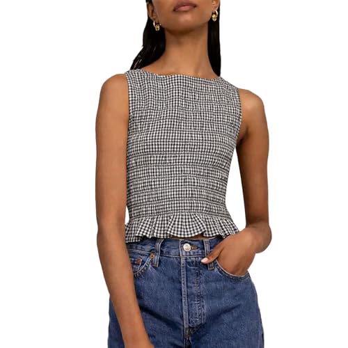 Women Shirred Tank Top Ruffle Sleeveless Tanks Frill Pleated