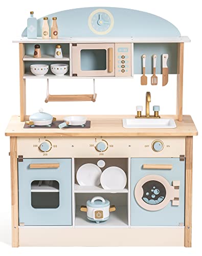 Robotime Wooden Toys Kitchen Sets For Kids Girls Boys Kitchen Playset,Wooden Chef Pretend Play Kitchen For Toddlers Ages 3+ W/Microwave Oven,Clock,Towel Rack (Blue) #TOP22