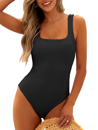 ANRABESS Womens One Piece Swimsuit 2025 Summer Solid Square Neck Tummy Control Modest Full Coverage Ribbed Bathing Suits