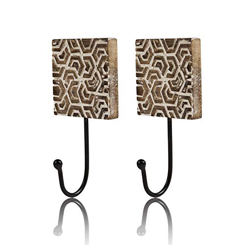 Set of 2 Decorative Wooden & Cast Iron Vintage Rustic Coat Hanger Wall Mounted Jacket Robe Towel Door Hook Rack Holder Rail for Hallway Living Room Entryway Bathroom Bedroom Home Decor Accents