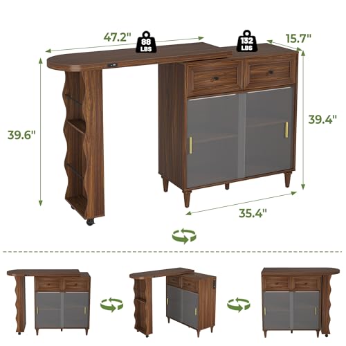 Image of 69 inch Kitchen Island with 360 Rotating Table,LED Lighting, Adjustable Shelves, Storage Cabinet & Power Outlet - Walnut Finish Extendable Dining Table for Kitchen, Dining Room, Bar