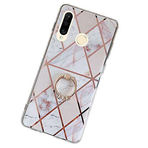 Robinsoni Case Compatible with Huawei Nova 4e Cover Silicone TPU Case Mirror Reflection Marble Case with Ring Colorful Kickstand Cover Ultra Thin Silicone Bumper Case Marble Ring Case Red