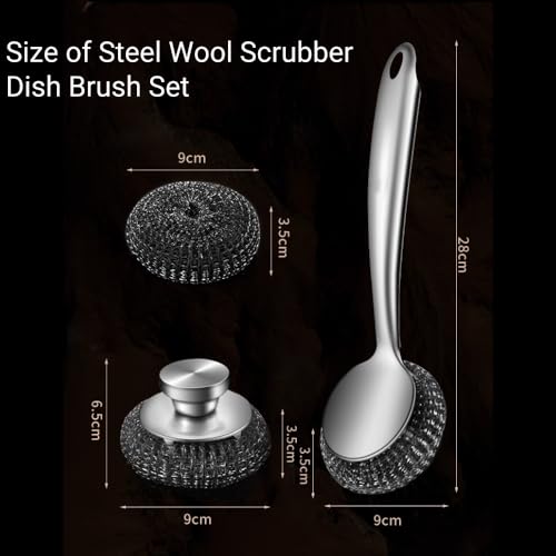 Image of Steel Wool Scrubber Dish Brush with Handle, Deep Cleaning Metal Scrubber Set (Gray)