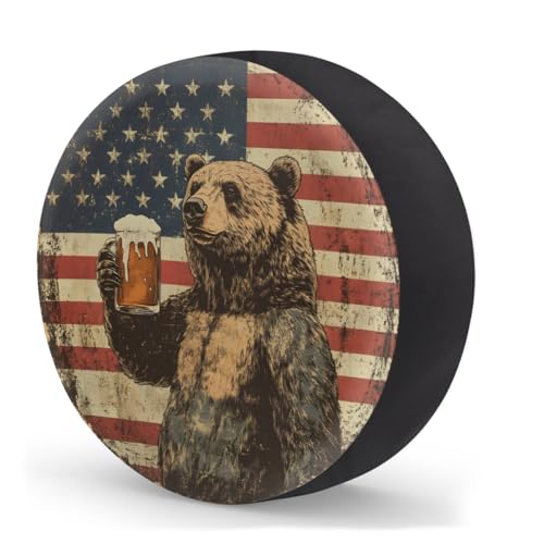 Image of Spare Tire Cover Bear American Flag Wheel Covers Protectors Waterproof Dust-Proof Universal Fit Trailer, RV, SUV and Many Vehicle (14 inch for tire Diameter 25.59 inch-27.16 inch)