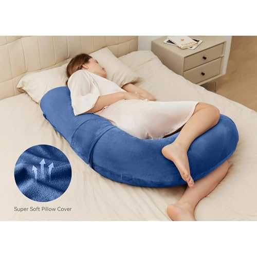 Image of J-Shaped Sleeping Pregnancy Pillow| Removable Velvet Covers| PregnoCare Fibres| Baby Shower Gift, Maternity, Nursing| Full Body Soft-Support Bump, Head, Back, Shoulder, Hips, Legs and Belly (Blue)