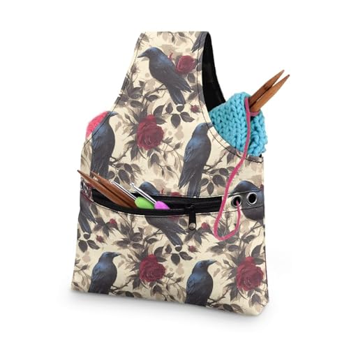 Image of ZUXONGSY Crow Yarn Storage Bag for Women Rose Knitting Project Bag Vintage Knit Wrist Bag Lightweight Crochet Organizers and Storage