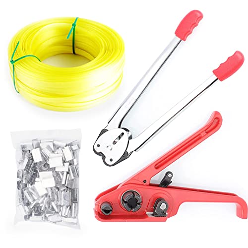 Herramienta de flejado manual, juego de flejado de empaque para sellador de tensor de fleje de PP/PET Sellado manual de empaque con cinturón de flejado de 100 m y kits de hebillas de 50 piezas