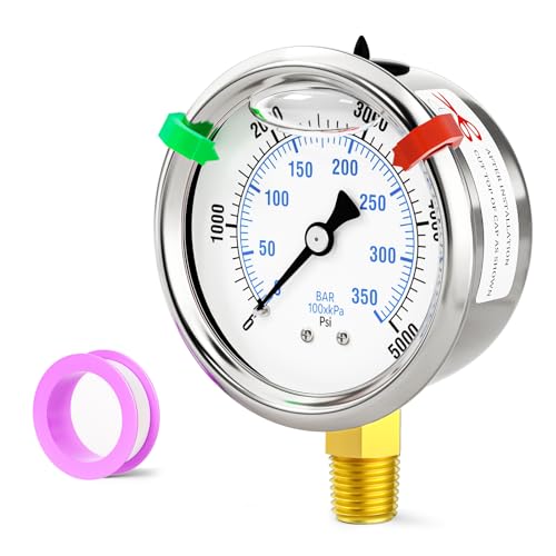 Image of 0-5000PSI Stainless Steel Glycerin Liquid Filled Pressure Gauge, 1 /4 inch NPT 2.5 inch Dial, Lower Mount, Designed for Pressure Testing of Water, Oil and Air (with Range Mark Pointer)