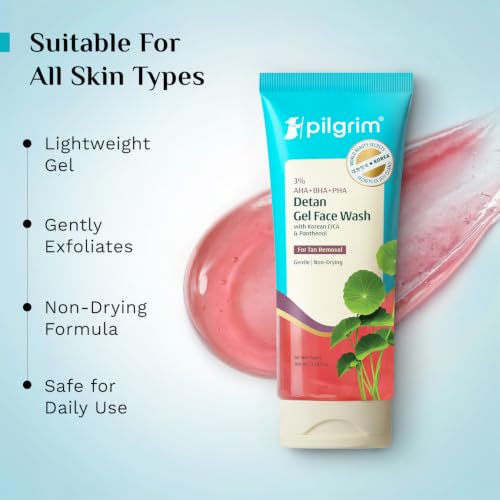 Image of Pilgrim 3% AHA BHA PHA Detan Gel Face Wash | Korean Cica & Panthenol | Detans | All Skin Types| Salicylic, Lactic, Gluconolactone | For Men & Women| 100 ml