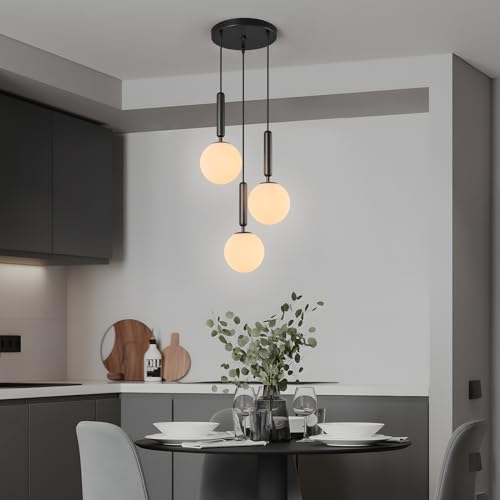 Image of Modern Black Pendant Light Hanging Fixture Light for Kitchen Island Mid Century with Globe Pendant Light Milk White Glass Pendant Lighting for Living Room Bedroom Entryway (3 Lights)