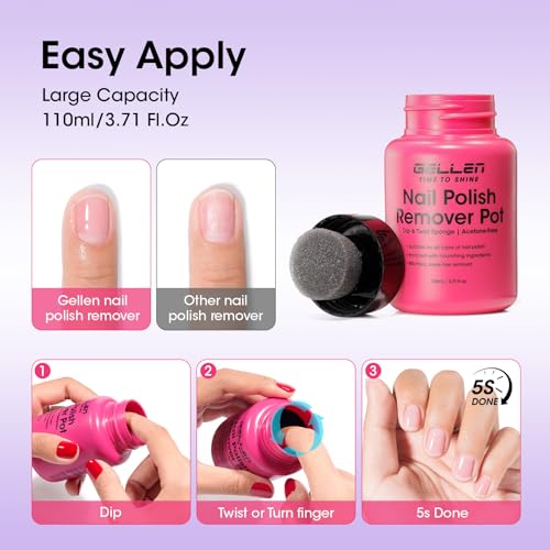 Image of Gellen Nail Polish Remover, 5-9s Quick Removal, Lavender Scent, Non-drying | Dip Twist Sponge Nail Polish Remover Pot For Fingernail Toenail, Non-Acetone Free, Gentle Formula Shea Butter & Vitamin E
