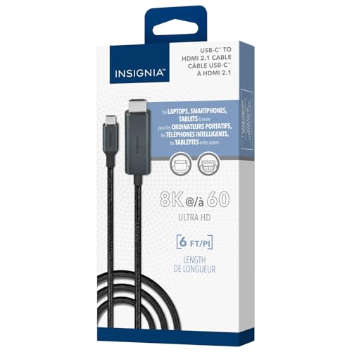 INSIGNIA 6 ft. 8K Ultra HD USB-C to HDMI 2.1 Braided Cable, 8K High-Resolution, 48Gbps high-Speed Data Transfer, Gold Plated connectors for Laptop, Tablet, Smartphone, MacBook, Monitor, TV