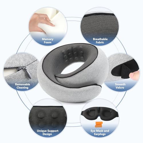 Purroch Neck Pillow Airplane, Travel Pillow with Eye Mask & Earplugs, Memory Foam Pillow with Adjustable Velcro Strap, Pillows for Travel, Plane, Car, Home, Work, Light Grey image 5