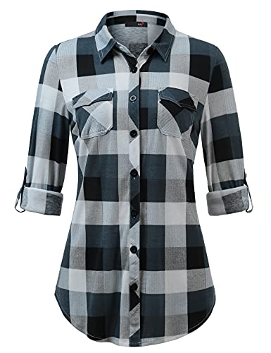 DJT Womens Soft Stretchy Knit Plaid Shirts Roll Up Long Sleeve Co...