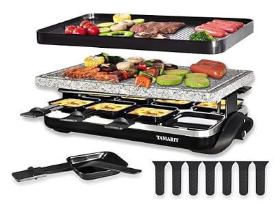 TAMARIT Raclette Table Grill Portable 3 in 1 Korean Barbecue BBQ Electric Indoor Griddle with Non-Stick Reversible Plate and Cooking Stone for Steak 1400W Raclette Grill for 8 Person, Black
