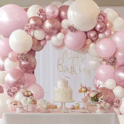Image of Zesliwy Pink and White Balloons Arch Kit,Double Stuffed Pearl Light Pink Metallic Pink Balloon Sand White Beige Ivory Balloons Garland for Birthday Wedding Valentine's Day Bridal Shower Party Decor