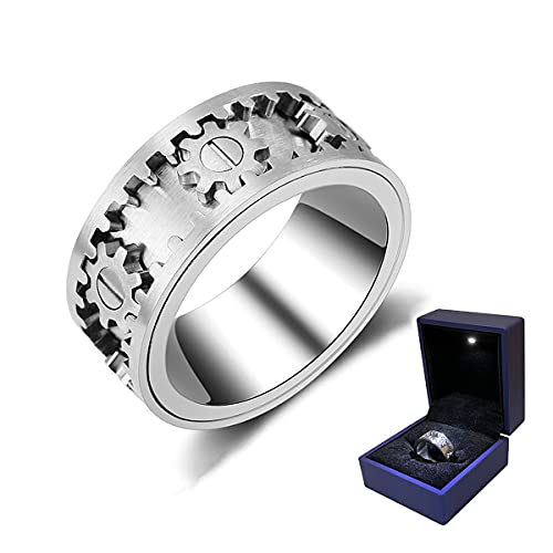 Spinnerring Damen Herren Drehring mit Geschenkebox, Fashion Herren Band Ring, Zahnrad Mechanik Täglicher Ring, Zappelringe Zahnradring der Sich bewegt,Freundschaftsringe,8 Cover