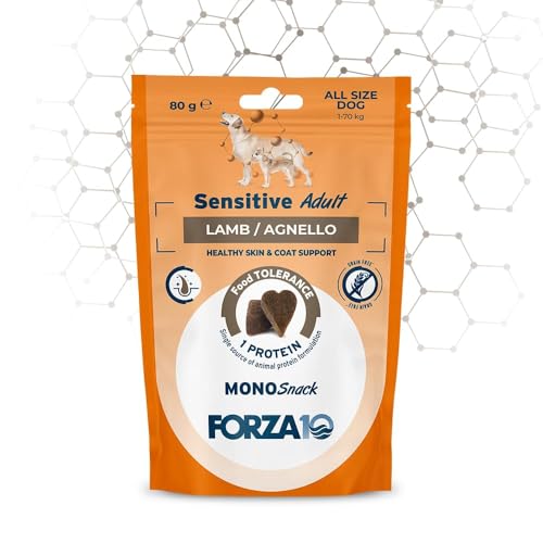 Forza 10 Snack Cane Sensitive Agnello, snack per cani adulti di tutte le taglie e razze, favorisce il benessere della cute e del pelo | 3 confezioni da 80 grammi l'una.