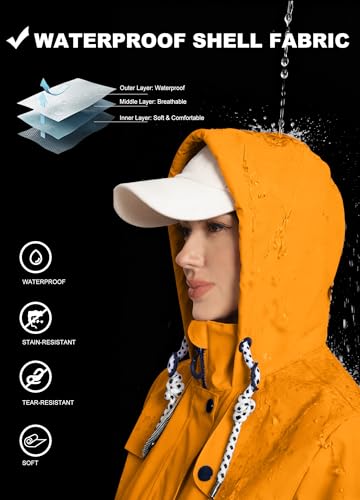 ATLASLAVA Regenjacke Damen Lang Wasserdicht Kapuze Regenmantel übergangsjacke Trenchcoat Outdoor Mantel Gelb L