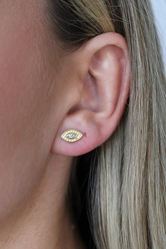 18K Gold Evil Eye Stud Earrings – Dainty White Zircon Protection Jewelry for Women – Hypoallergenic Minimalist Studs by Malibu Sunday4