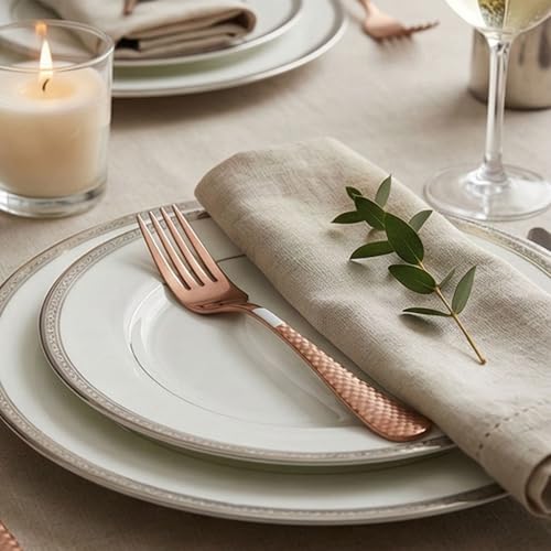 Image of Rosegold 4-Piece Cutlery Set - 2 Tablespoons & 2 Dinner Forks (8.1 inch) with Checks Printed Handles, Durable Stainless Steel Tableware, Ideal for Home, Restaurant, and Gifting