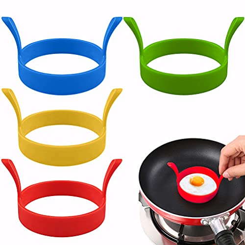 Yoosso 4 Stück Spiegeleiform, 8cm Silikon Eier Ring Antihaft Omelettform mit Griffen Hitzebeständig Egg Ring Zum Hamburgerpastetchen Desserts(Blau Gelb Grün Rot)