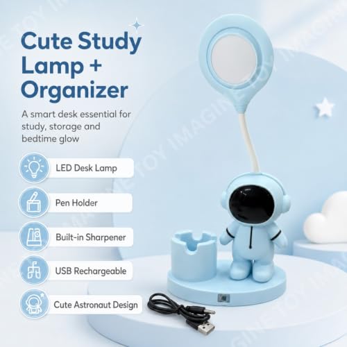 Image of Toy Imagine 3-in-1 Kids LED Desk Lamp USB Rechargeable Night Light with Pen Holder and Pencil Sharpener Cute Astronaut Design Detachable Study Lamp for Girls & Boys Bedroom, Home & School