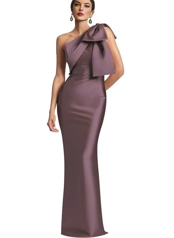 UUJJSO One Shoulder Prom Dress with Bow Long Satin Bridesmaid Dresses Mermaid Formal Party Dress UU44