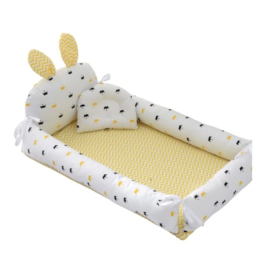 SRWE ベビーベッド 新生児 通気性 取り外し可能 かわいいベビーキルト 枕付き ベッドインベッド シンプルな睡眠用ベッド ポータブル ベビーベッド ウサギの耳型 洗濯可能 0-8ヶ月 出産祝い (タイプA)