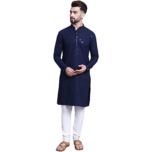 Sojanya (Since 1958 Men's Pure Cotton Navy Blue Emb 4Booti Sequence Kurta & White Pyjama Set