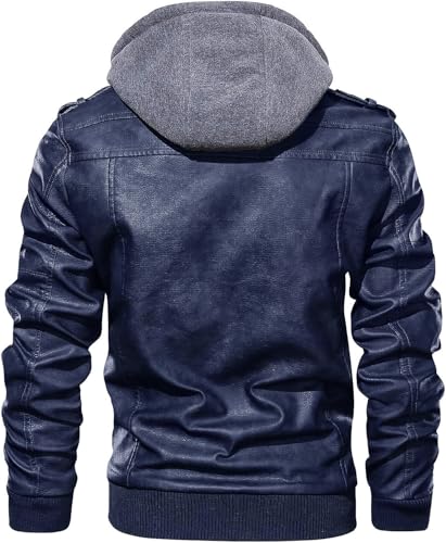 Image of Blaq Ash Men's Faux Leather Hooded Motorcycle Jacket, Zip-Up, with Pockets, Removable Hood