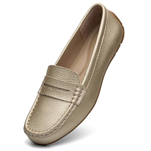KORDAL Women's Comfortable & Lightweight Gold Leather Penny Loafers Slip-Ons Cute Business Casual Dress Shoes Work Office Flats Everyday Walking Shoes Driving Mocs for Women 8 M US