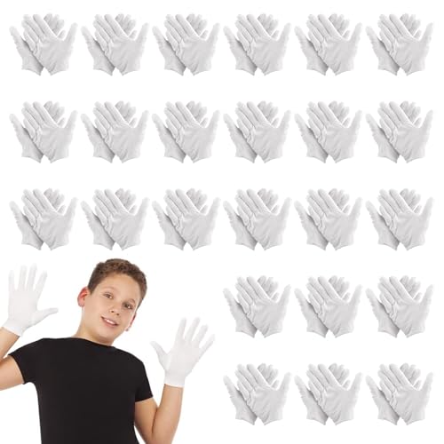 24 Paare Baumwollhandschuhe Soft -XS, 16X 8.5cm Weiße Kinderhandschuhe, Kinder Partyhandschuhe Baumwolle, Weiß Parade Kostüm Handschuhe für Kinder Jungen Mädchen Kostüm Verkleidung Cosplay Uniform
