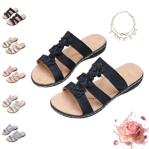 2025 Women's Floral-embellished Slip on Sandals, Summer Lightweight and Comfortable Non-slip Low-heeled Orthopedic Sandals with Arch Support