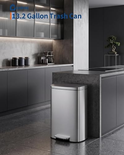 Image of Garvee 13 Gal / 50 L Step-On Trash Can, Stainless Steel Kitchen Garbage Can with Soft Close Lid, Removable Inner Bucket & Rear Handle for Easy Transport
