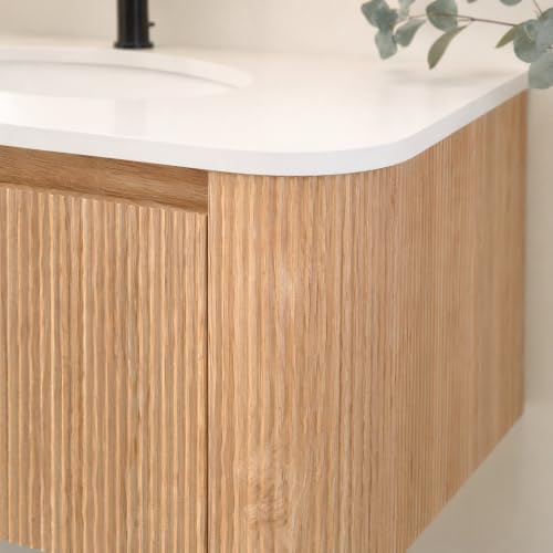 Image of 30 Inch Wall Mounted Bathroom Vanity with Ceramic Sink, Pre-Assembled Floating Vanity Cabinet with Marble Countertop, Wave Texture Finish & Drawer, Wood