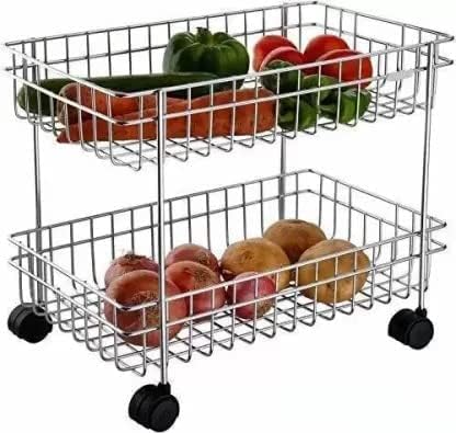 ASHLAS® Stainless Steel Kitchen Trolley, Fruits & Vegetable Trolley Container, Basket Organizer Holder Stand for Kitchen, Multipurpose Kitchen Trolley with Wheel (2 Layer)-image-48