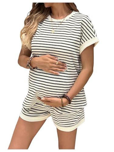 La Mejor Lista de Ropa premamá para Mujer disponible en línea para comprar. 46 OYOANGLE - Conjunto de maternidad de 2 piezas para mujer, cuello redondo, playera y pantalones cortos, juego de embarazo, beige y negro, M