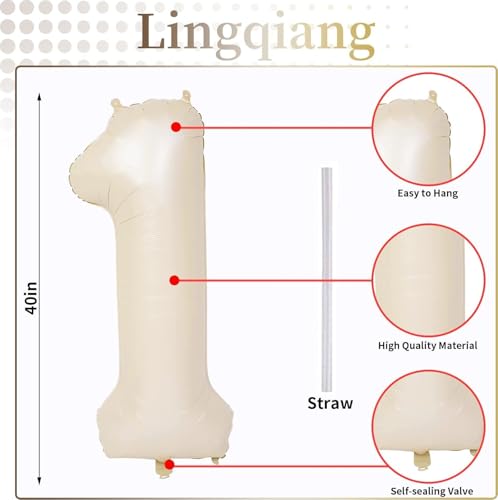 40 Inch Beige Number 1 Balloon for 1st Birthday Decoration, Large Self Inflating Cream Foil Number Balloons 0-9 for Boys Girls, White Sand 1 Helium Balloons for Women Men Party Anniversary Supplies - Image 4