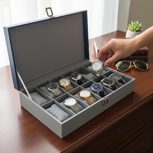 Image of MDF Unisex Faux Leather Watch Organiser Box with 12 Slots | Color: Blue-Gray
