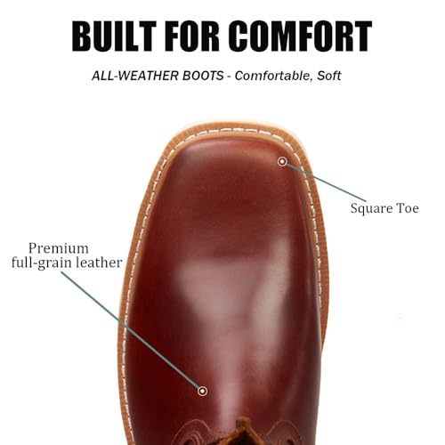 Image of SUREWAY Western Boots - Men's Square Toe Work Boot,Pull On Leather Wellington Boots,Durable Classic Slip Resistant Soft Toe Cowboy Boot