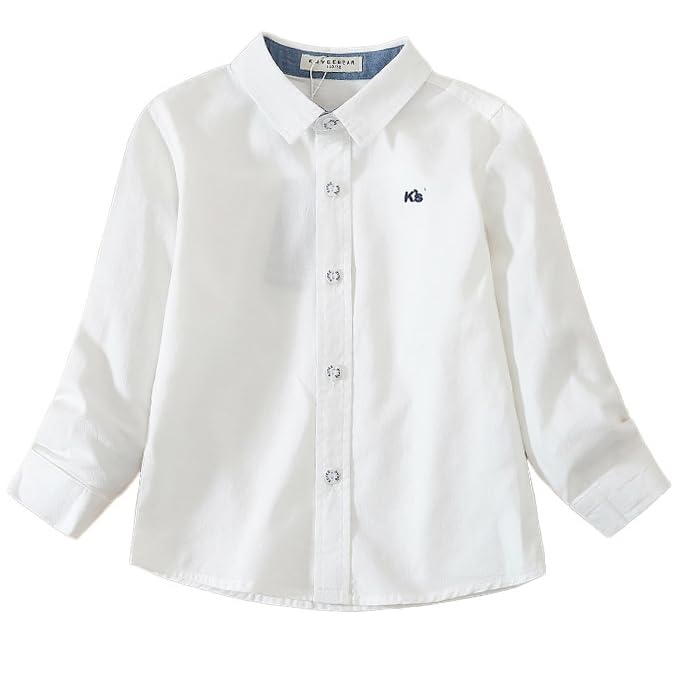 Boys Cotton Button Down Shirt, Long Sleeve, Regular Fit, White, Collar Style, Big Kid